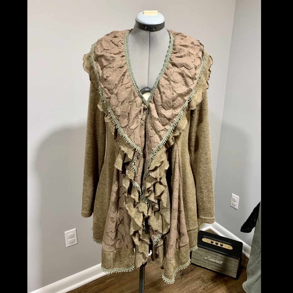 Ryu Ruffle and Lace Cardigan Sweater - Olive Green